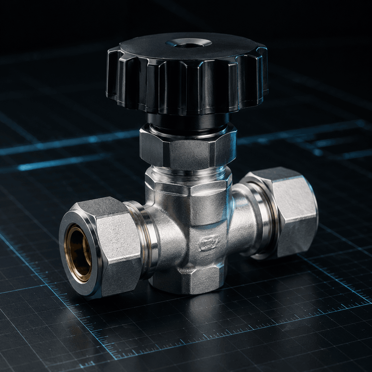 Compression stop valve photographed in a dark scan studio
